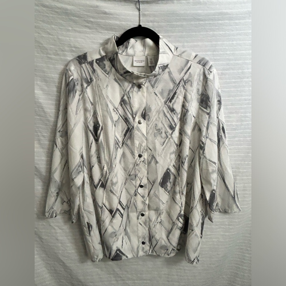 Weekends By Chico's Womens Snap Up Black/Gray/White Shirt Long Sleeve Size 3. B4